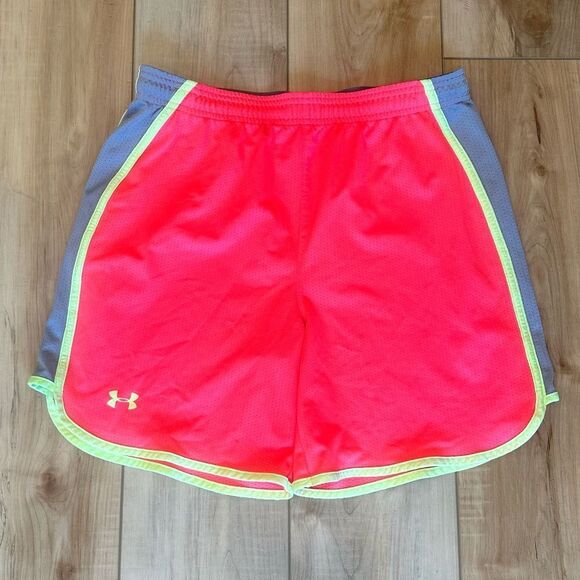 EUC Under Armour Womens Heat Gear Loose Fit Shorts Coral/Yellow/Gray Medium - Picture 2 of 6